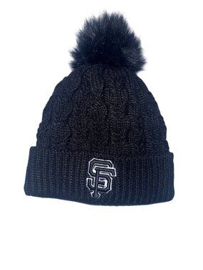 New Era San Francisco Giants Womens Black Knit Beanie Hat With Faux Fur Pom & Fl